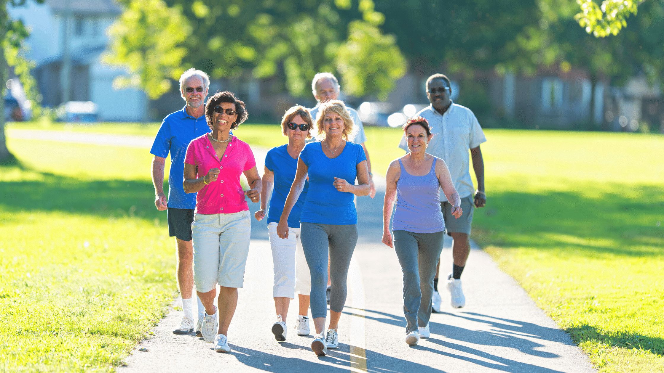 Group of Active aging seniors walking together