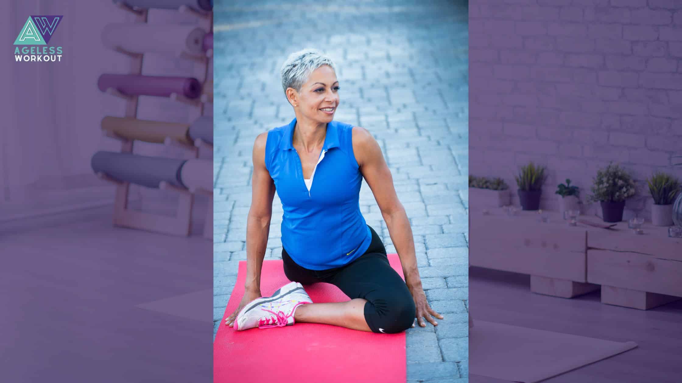 Illustration of a woman practicing yoga to promote pelvic floor health and longevity, emphasizing pro-aging benefits through gentle exercise.