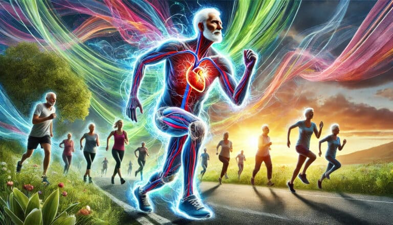 A vibrant depiction of aging athletes running energetically through a natural landscape, with the central figure's glowing cardiovascular and muscular systems symbolizing health and longevity.