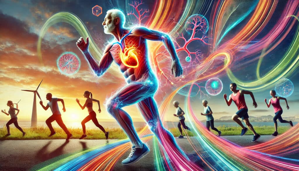 A surreal depiction of aging athletes running with vitality and determination. An elderly man is in the foreground surrounded by colorful, flowing lines symbolizing energy and motion. Glowing anatomical features, including a luminous heart and circulatory systems, emphasize health and longevity. In the background, other figures run along a scenic trail during sunrise or sunset, blending natural and abstract elements.