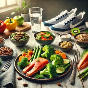 A realistic image of a healthy meal spread on a rustic table featuring doctor-recommended foods for strong legs and feet, including salmon, broccoli, almonds, carrots, quinoa, and fresh produce, paired with athletic shoes.