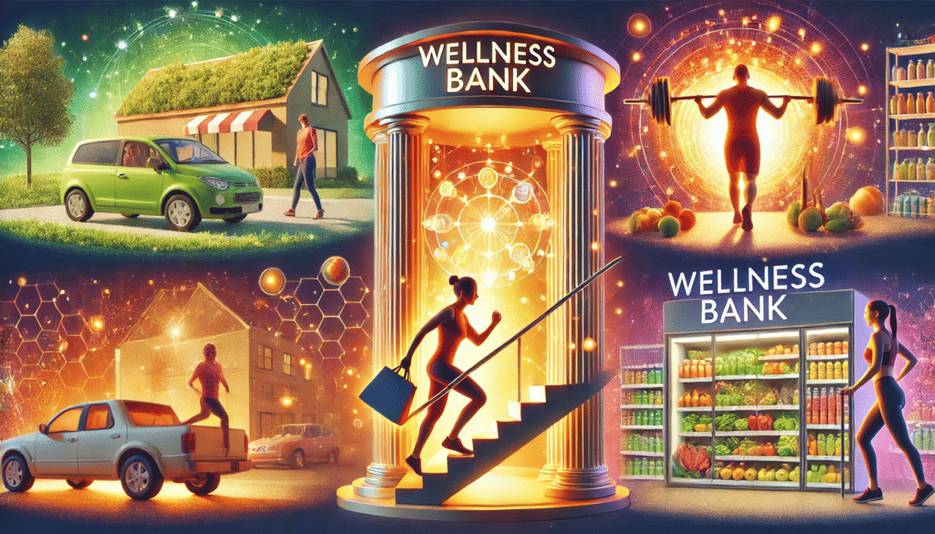 A vibrant illustration showing a person carrying groceries, climbing stairs, and lifting weights at a gym. Each activity generates glowing energy that deposits into a transparent vault labeled "Wellness Bank," symbolizing strength, vitality, and independence.