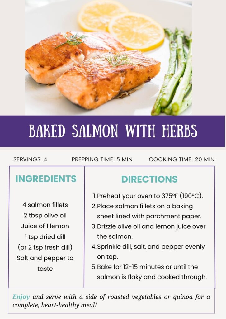 A recipe card for Baked Salmon with Herbs, featuring two salmon fillets garnished with fresh dill and lemon slices, served alongside asparagus. The card includes prep time, cooking time, ingredients, and step-by-step directions.