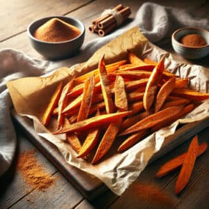 A tray of golden, crispy sweet potato fries sprinkled with cinnamon, placed on a rustic wooden table. Surrounding the tray are a small bowl of cinnamon, a fabric napkin, and a touch of greenery, creating a warm, natural ambiance. Top Doctor-Recommended Foods for Strong Legs & Feet After 60