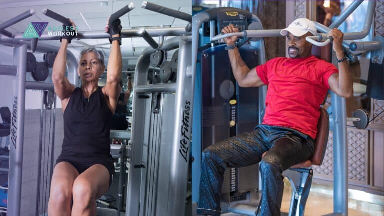 A collage of two individuals performing strength training exercises on gym machines. On the left, a woman in a black workout outfit performs a pull-up exercise. On the right, a man in a red shirt and cap performs a seated row exercise, both using Life Fitness equipment.