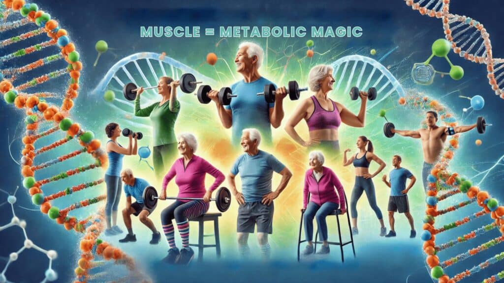 A diverse group of older adults engaging in strength training activities, surrounded by DNA strands and energy waves, symbolizing health, longevity, and vitality.