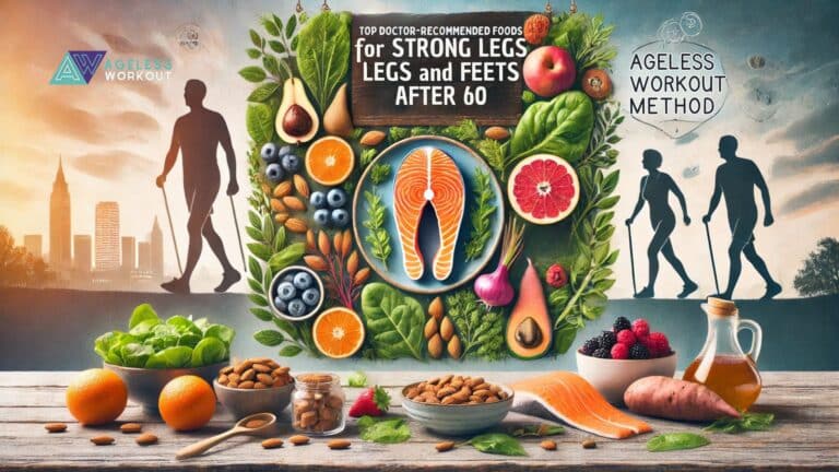 A colorful spread of nutritious foods, including salmon, leafy greens, almonds, sweet potatoes, and berries, arranged on a rustic wooden table. In the background, an active senior couple is walking in a sunlit park, symbolizing health and vitality.