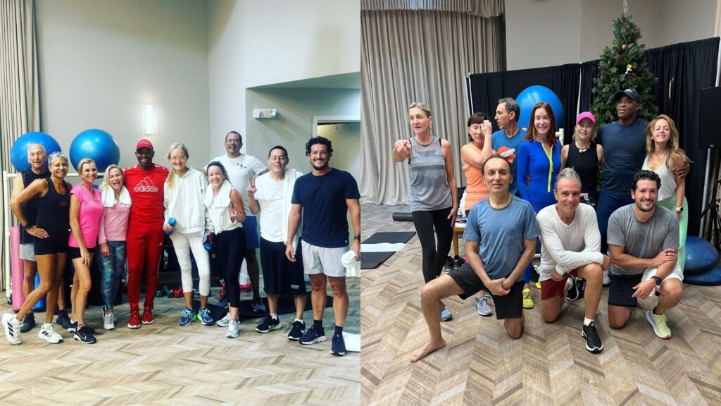 Two groups of diverse, energetic adults participating in a fitness class, smiling and posing together in a supportive workout environment.