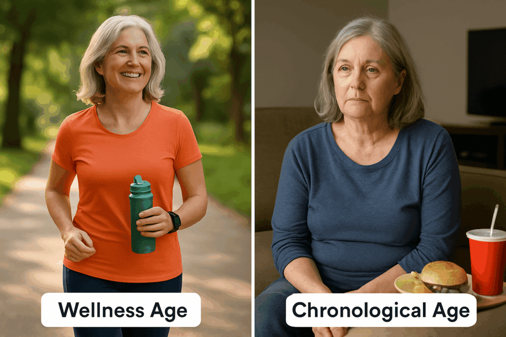 Side-by-side image of the same older woman showing the difference between wellness age and real age—one side active and healthy outdoors, the other sedentary indoors with signs of aging.