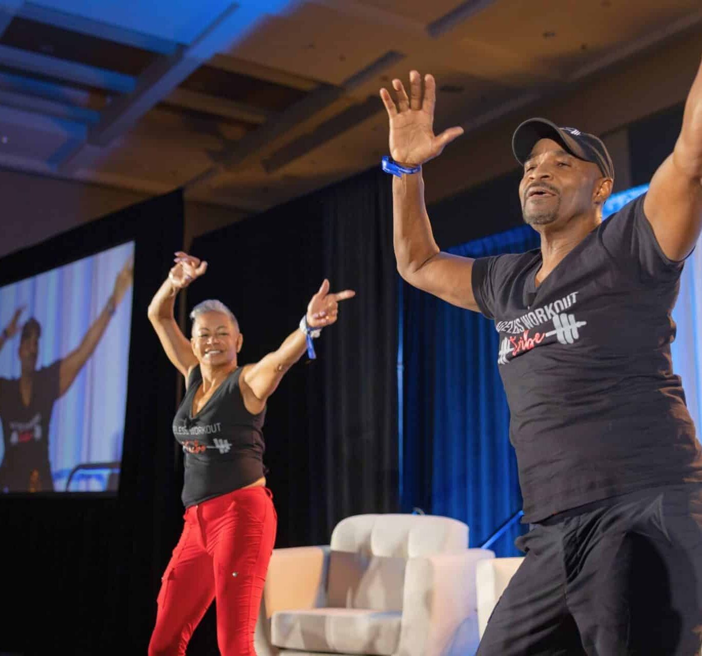 Nate and Shebah leading an Ageless Workout active aging fitness experience