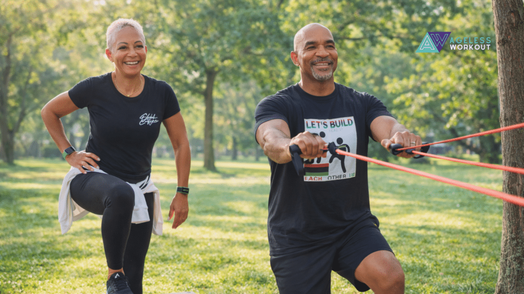 Active couple over 50 doing joint-friendly outdoor exercises, step-ups and resistance band rows, in a sunny park setting