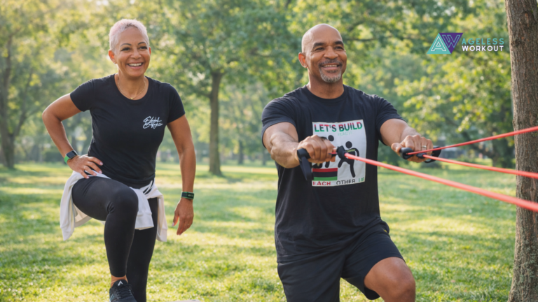 Active couple over 50 doing joint-friendly outdoor exercises, step-ups and resistance band rows, in a sunny park setting