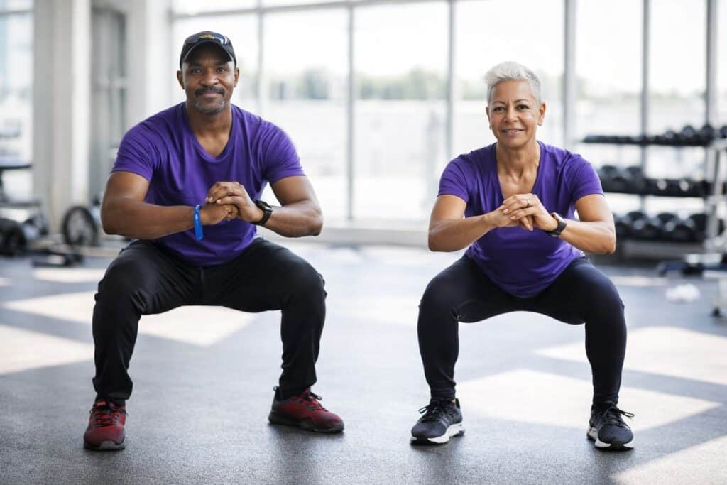 Man and woman over 40 performing controlled squat exercise demonstrating strength mobility and longevity using the Ageless Workout Method.