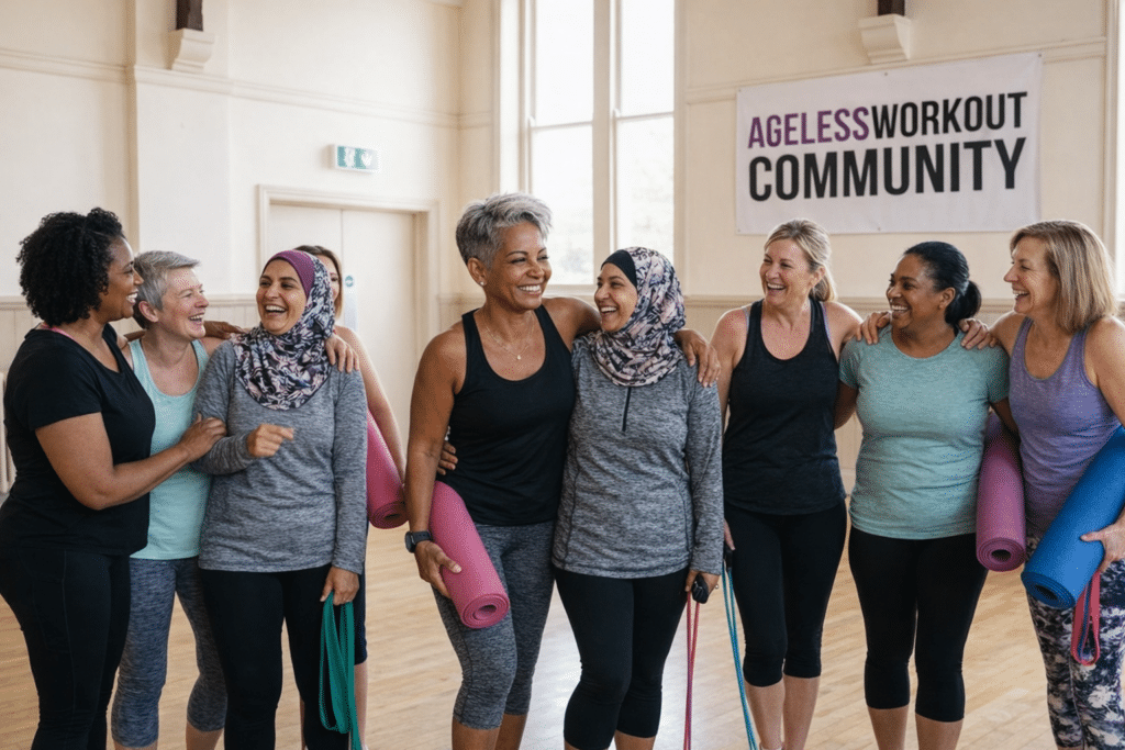 Group of diverse women smiling together after a strength training class at the AgelessWorkout community fitness studio.