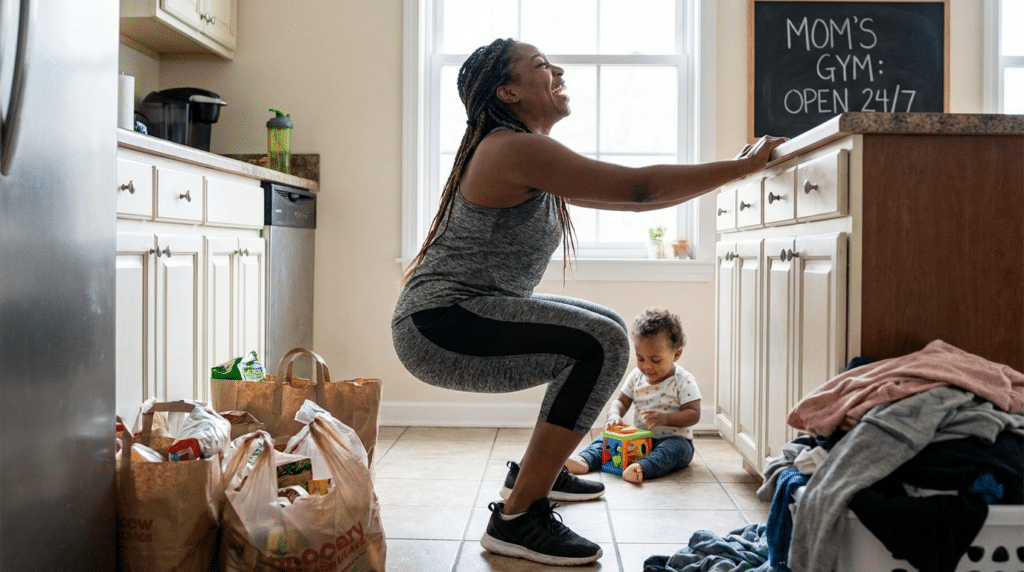 Mother doing a squat workout at home in the kitchen while her child plays nearby showing how busy women can stay active with home fitness
