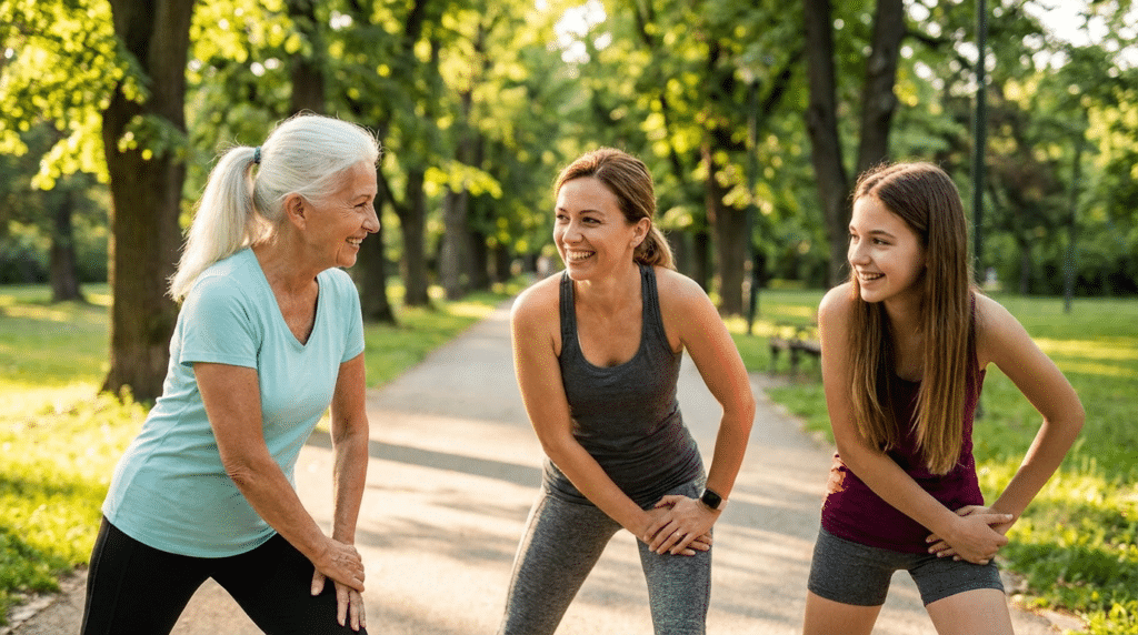 Three generations of women stretching together during an outdoor workout in the park promoting active aging and healthy movement.
