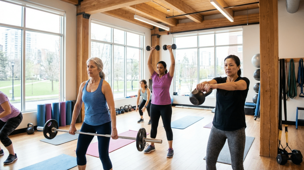 Women performing strength training exercises with barbells and kettlebells in a fitness studio class focused on building strength and longevity.