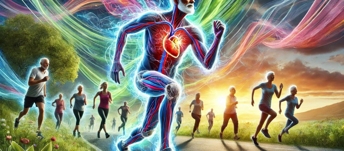 A vibrant depiction of aging athletes running energetically through a natural landscape, with the central figure's glowing cardiovascular and muscular systems symbolizing health and longevity.