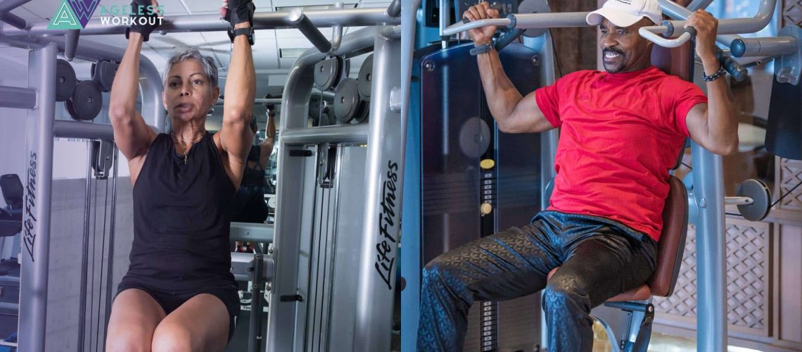 A collage of two individuals performing strength training exercises on gym machines. On the left, a woman in a black workout outfit performs a pull-up exercise. On the right, a man in a red shirt and cap performs a seated row exercise, both using Life Fitness equipment.