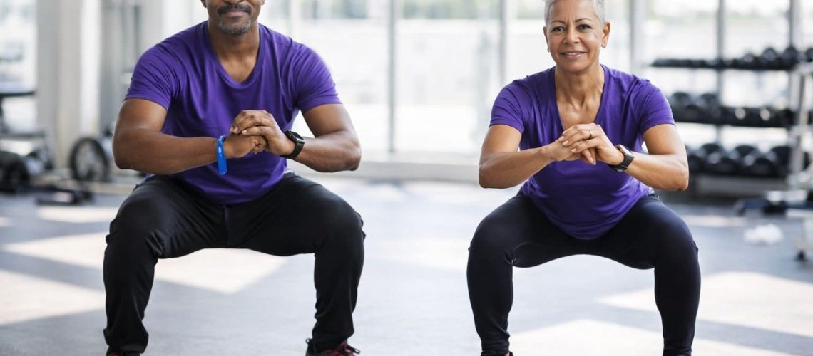 Man and woman over 40 performing controlled squat exercise demonstrating strength mobility and longevity using the Ageless Workout Method.