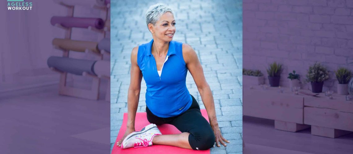 Illustration of a woman practicing yoga to promote pelvic floor health and longevity, emphasizing pro-aging benefits through gentle exercise.