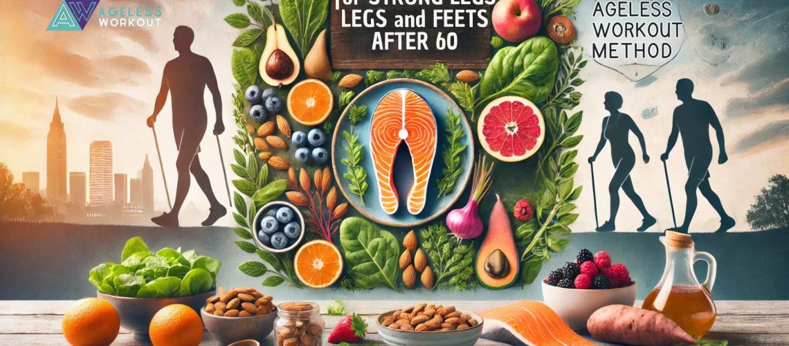 A colorful spread of nutritious foods, including salmon, leafy greens, almonds, sweet potatoes, and berries, arranged on a rustic wooden table. In the background, an active senior couple is walking in a sunlit park, symbolizing health and vitality.