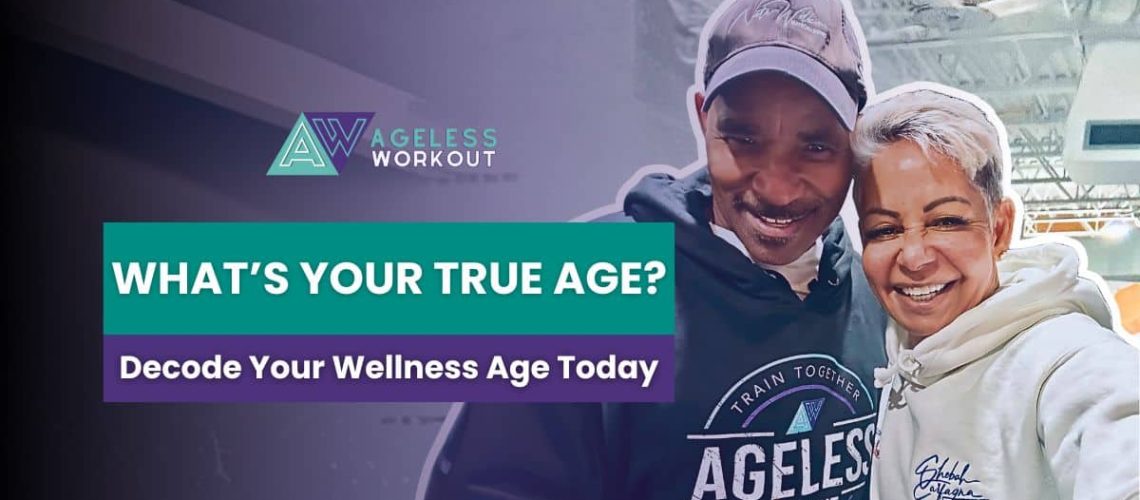 Smiling man and woman wearing Ageless Workout hoodies, promoting wellness age vs real age awareness.