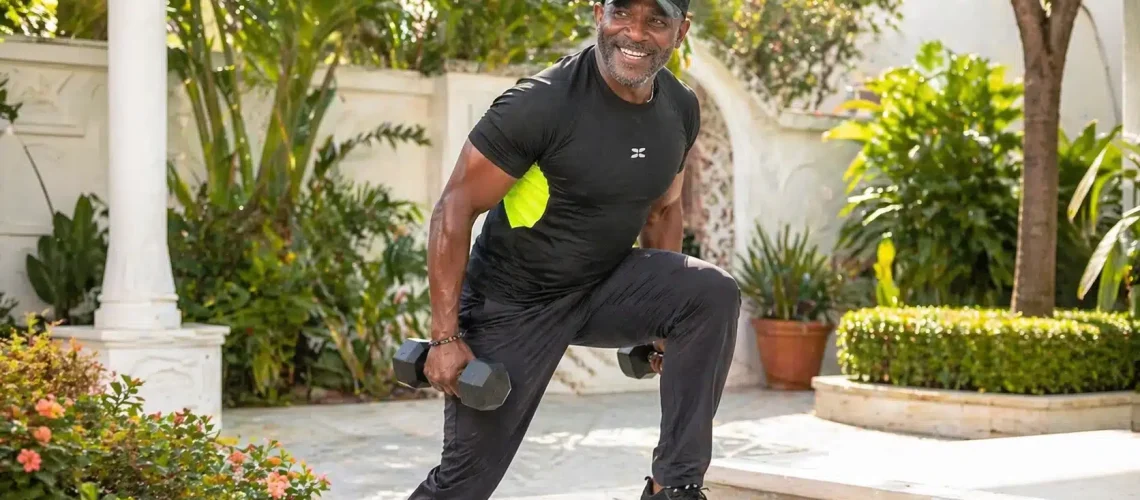 Man doing a dumbbell lunge outdoors for the Ageless Workout Move It for Bone Health program