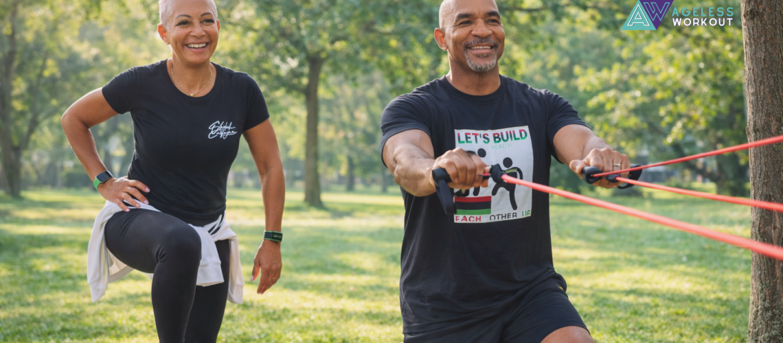 Active couple over 50 doing joint-friendly outdoor exercises, step-ups and resistance band rows, in a sunny park setting