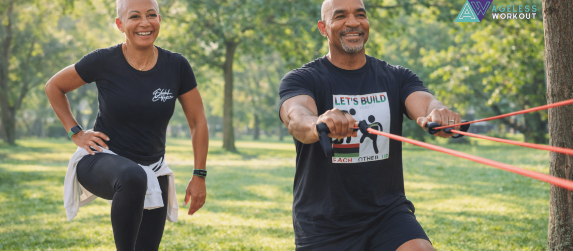 Active couple over 50 doing joint-friendly outdoor exercises, step-ups and resistance band rows, in a sunny park setting